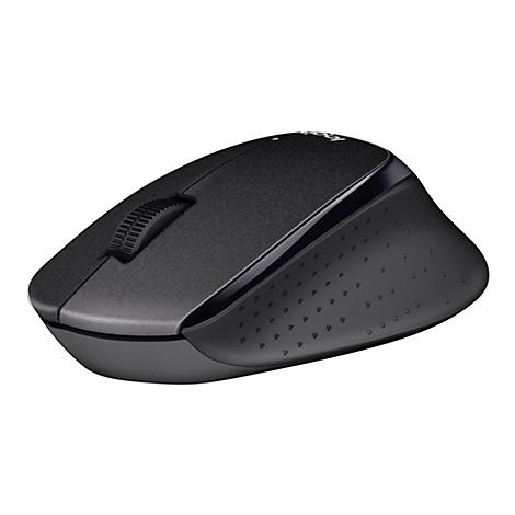 Schwarze Computermaus mit Scrollrad und Logo. Geformt für Rechtshänder.