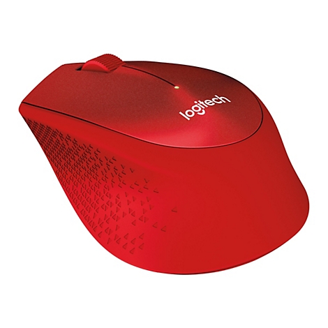 Rote Logitech-Maus auf weißem Hintergrund, mit Logo und Rollrad.