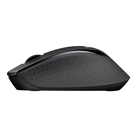 Schwarze Computermaus, Seitenansicht. Tasten, Scrollrad und ergonomisches Design.