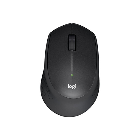 Souris d'ordinateur noire avec le logo Logi. Elle possÃ¨de une molette de dÃ©filement, une LED verte et un motif texturÃ©.