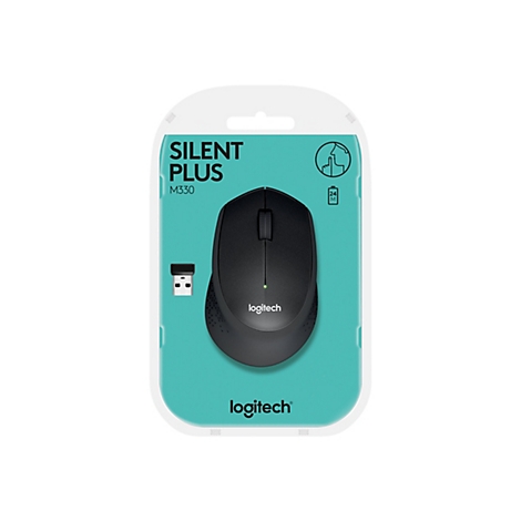Souris noire Logitech, dans un emballage, avec le nom du produit Silent Plus M330.