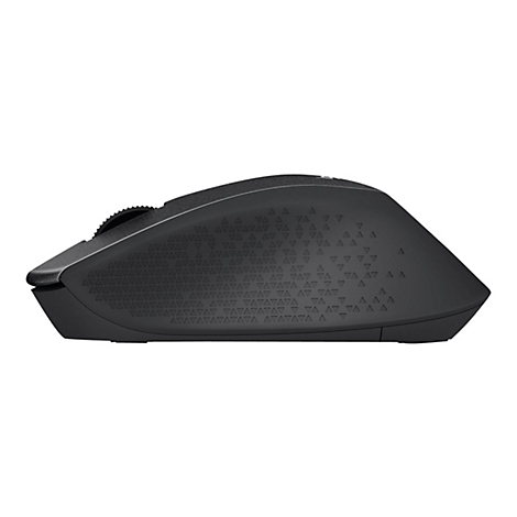Vue latÃ©rale d'une souris d'ordinateur noire avec une molette de dÃ©filement et un motif triangulaire.