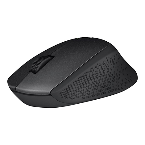 Souris d'ordinateur noire avec molette de dÃ©filement et texture latÃ©rale. Sur fond clair.