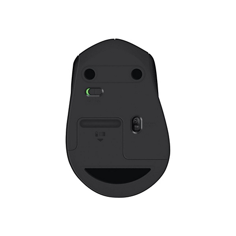 Vue de dessus d'une souris d'ordinateur noire, cÃ´tÃ© infÃ©rieur. Un interrupteur et un bouton sont visibles.