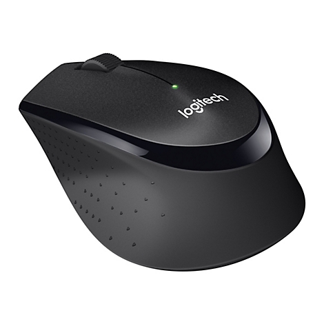 Souris d'ordinateur noire avec le logo 'Logitech', une molette de dÃ©filement et une LED verte. La souris a une forme ergonomique.