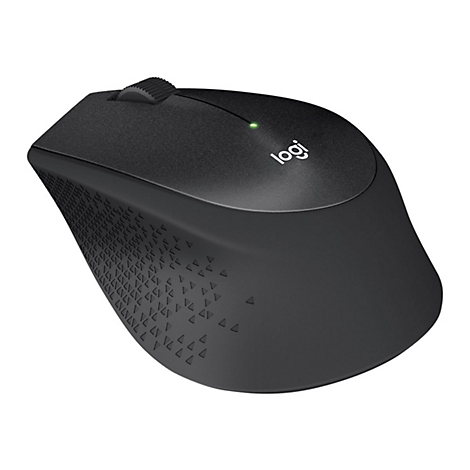Souris d'ordinateur noire avec molette de dÃ©filement, logo et petite lumiÃ¨re verte. Le boÃ®tier a un motif.