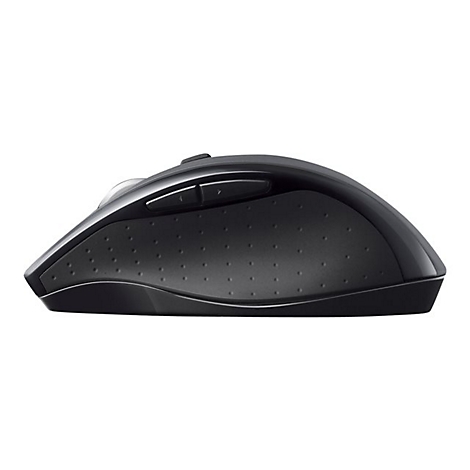 Schwarze Computermaus, seitliche Ansicht. Oberseite mit zwei KnÃ¶pfen und Scrollrad. Seitlich gummiert mit kleinen Punkten.