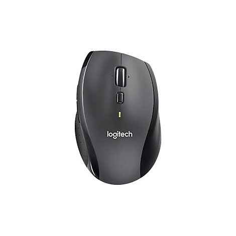 Drahtlose Logitech-Maus, dunkelgrau, mit mehreren Tasten und Scrollrad auf weißem Hintergrund.