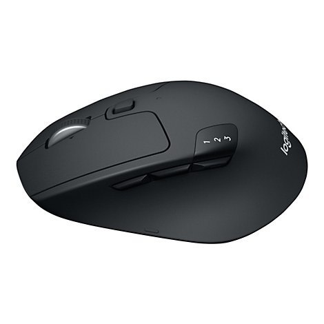 Schwarze Logitech-Maus, Ansicht schräg von oben. Mit Scrollrad, Seitentasten und drei Tasten mit den Nummern 1, 2, 3.