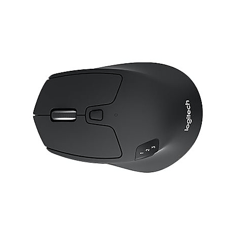 Draufsicht einer schwarzen Logitech-Maus mit den Tasten 1, 2, 3 und dem Logitech-Schriftzug.