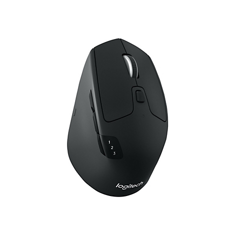 Schwarze Logitech-Maus, von oben betrachtet, auf weißem Hintergrund. Mit Scrollrad, Seitentasten und Logitech-Logo.