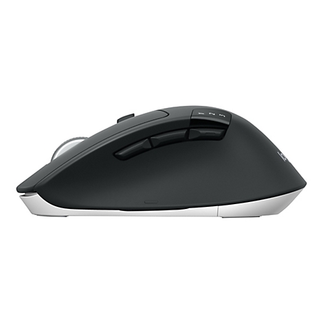 Draufsicht auf eine kabellose, ergonomische Maus in Schwarz und Silber. Auf der Oberseite befinden sich Tasten mit den Zahlen 1, 2 und 3.