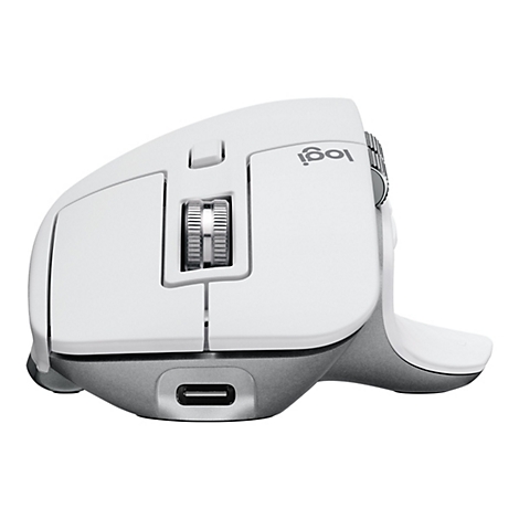 Drahtlose, weiÃŸe Maus von Logitech, von der Seite gesehen.