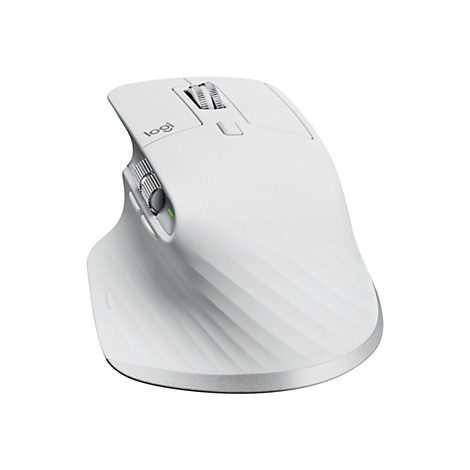 Weisse kabellose Maus von Logitech mit seitlichen und oberen Bedienelementen, wellenfÃ¶rmige OberflÃ¤che.