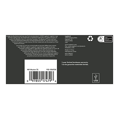 Detaillierte Nahaufnahme der RÃ¼ckseite der Logitech MX Master 3S Verpackung mit Barcode, Produktinformationen und Herstellerangaben.