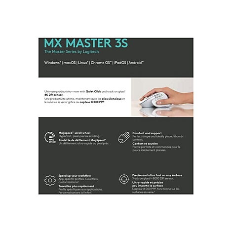 Produktwerbung fÃ¼r eine weiÃŸe Logitech MX Master 3S Maus. Auf der Werbekarte sind Produktmerkmale und die Hand einer Person zu sehen, die die Maus benutzt.