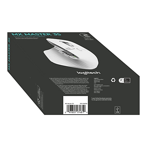 Eine weiÃŸe Logitech MX Master 3S Maus auf der Verpackung. Aufdrucke: MX Master 3S und Logitech-Logo.
