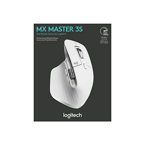 Drahtlose Logitech MX Master 3S Maus, weiÃŸ, auf grauen Hintergrund. Text: MX Master 3S, Logitech.