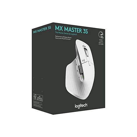 Weisse Logitech MX Master 3S Maus in Box. Aufschrift: MX Master 3S.