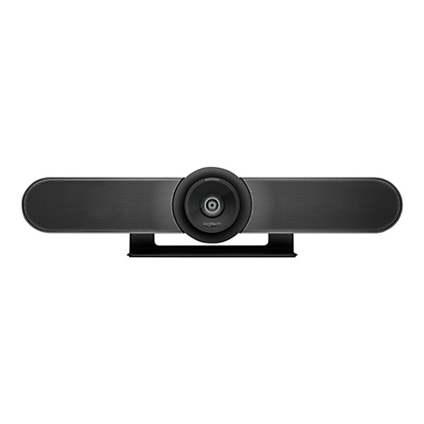 Eine schwarze Videokonferenz-Soundbar auf einem StÃ¤nder, mit Kamera in der Mitte.