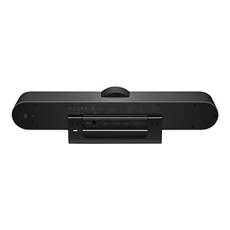 Die RÃ¼ckseite einer schwarzen Videokonferenz-Soundbar mit AnschlÃ¼ssen. Halterung und Griff.