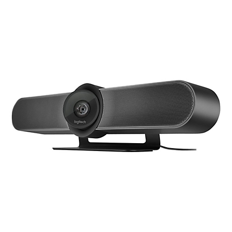 Eine schwarze Logitech Videokonferenz-Soundbar. Auf einem schwarzen StÃ¤nder steht ein schwarzes GerÃ¤t mit Kamera. Das Logitech Logo ist sichtbar.