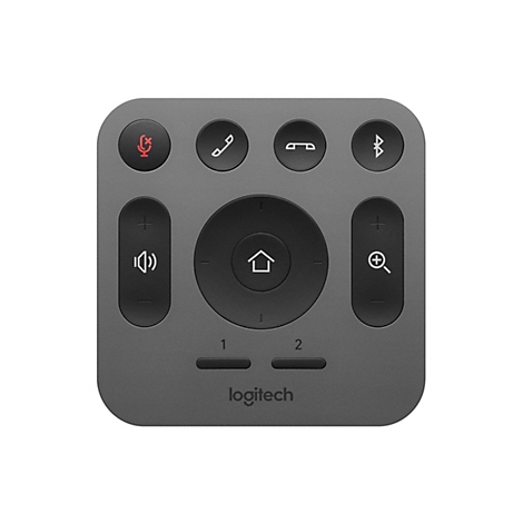 Grauer Logitech-Controller mit verschiedenen Tasten, wie z.B. Mikrofon, Telefon, Bluetooth, LautstÃ¤rke, Zoom und einer Home-Taste.