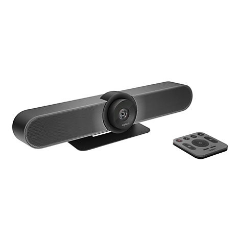 Ein graues Logitech-Videokonferenzsystem mit einer integrierten Kamera und einer Fernbedienung. Das System hat ein längliches, schwarzes Design mit Lautsprecherlöchern. Die Fernbedienung ist grau mit verschiedenen Tasten.
