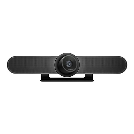 Eine schwarze Logitech Videokonferenz-Kamera mit integrierten Lautsprechern, auf weißem Hintergrund.