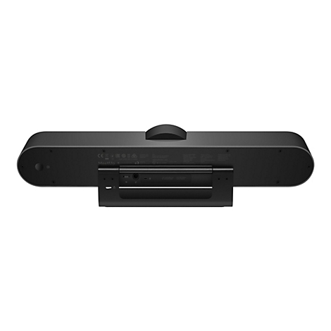 Schwarze Videokonferenz-Soundbar mit eingebautem Mikrofon und Kamera. Auf der Rückseite befinden sich Anschlüsse und technische Details. Aufsteller.