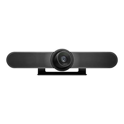 Schwarze Videokonferenzkamera mit Lautsprecher und Mikrofon. Unterhalb des Objektivs ist der Markenname Logitech.