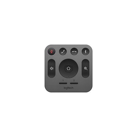 Contrôleur Logitech carré gris. En haut à gauche : icône de microphone. À droite : icônes de téléphone et Bluetooth. En bas : volume, loupe, accueil et 1/2.