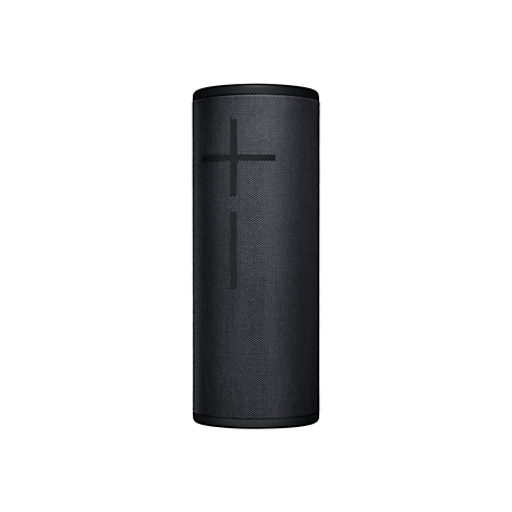 Ein schwarzer, zylindrischer Lautsprecher mit einem Kreuz in der Mitte, vor weißem Hintergrund.