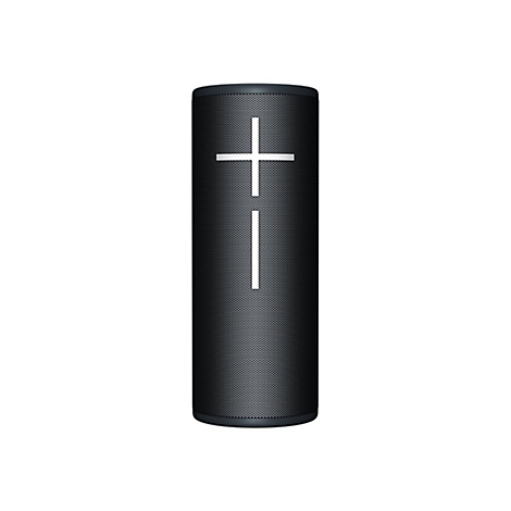 Haut-parleur noir cylindrique avec un signe plus et moins blanc. Surface texturée.