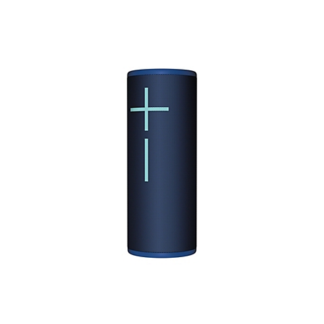 Haut-parleur cylindrique bleu-noir avec un symbole plus-moins turquoise, sur fond blanc.