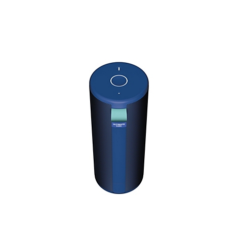 Haut-parleur cylindrique bleu avec un dessus bleu et un panneau de commande avec un cercle blanc. Le haut-parleur a une bande avec les mots "Ultimate Ears".