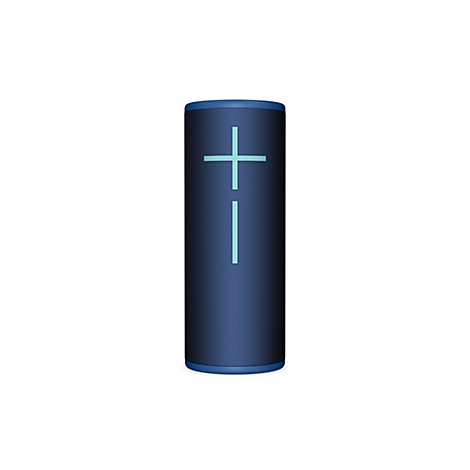 Haut-parleur bleu cylindrique avec une croix et une ligne bleu clair sur fond blanc.