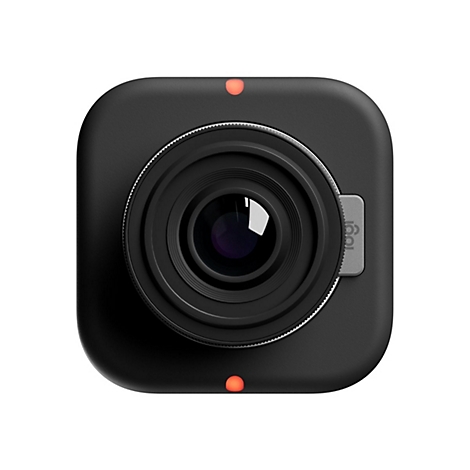 Schwarze quadratische Webcam mit zentraler Linse und zwei leuchtenden roten Status-LEDs oben und unten.