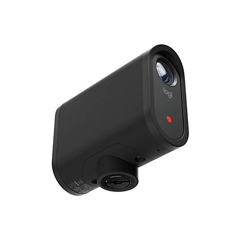 Schwarze Logi Überwachungskamera im Profil mit roter LED-Anzeige vor weißem Hintergrund.