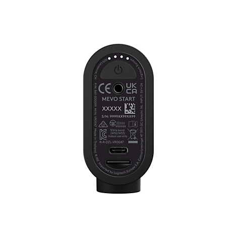 Rückseite der Mevo Start Kamera mit Anschlüssen, Power-Button und verschiedenen regulatorischen Informationen.