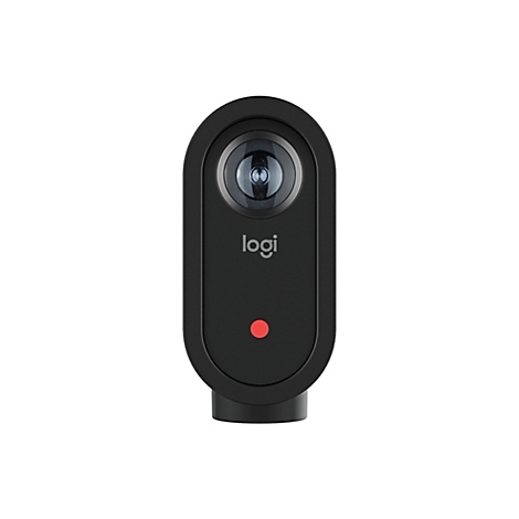 Schwarze Logi-Webcam mit zentraler Linse und einem kleinen roten Punkt unten auf neutralem Hintergrund.