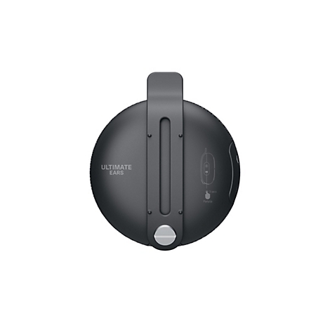 Vue de dessus d'un haut-parleur noir avec poignée de transport et commandes, marque Ultimate Ears.