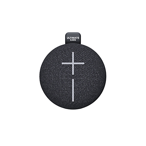 Haut-parleur rond et noir. "ULTIMATE EARS" est imprimé en haut. Un signe plus blanc sur le devant.