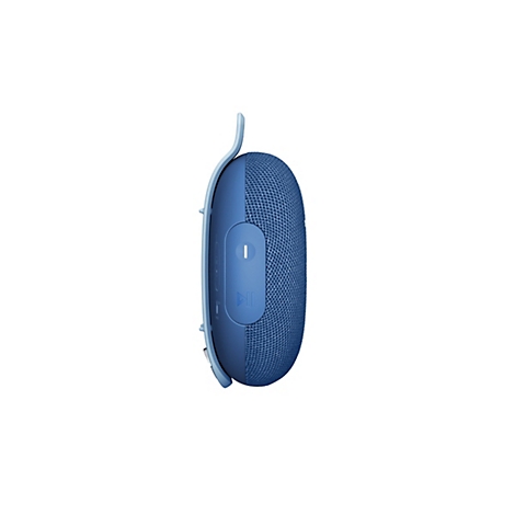 Haut-parleur Bluetooth bleu ovale avec commandes et poignée de transport, sur fond blanc.