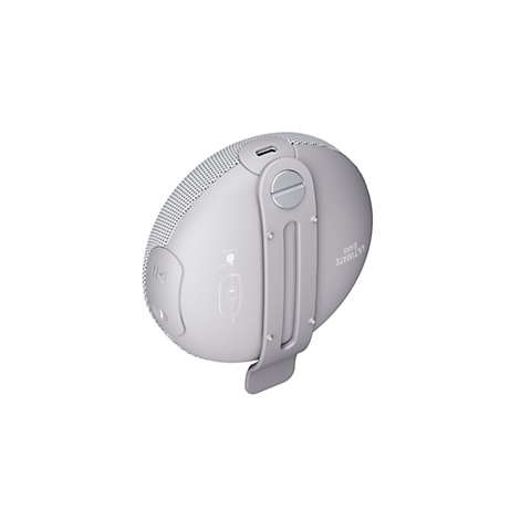 Haut-parleur ovale gris clair avec support métallique et insert en mesh. Inscription : Ultimate Ears.