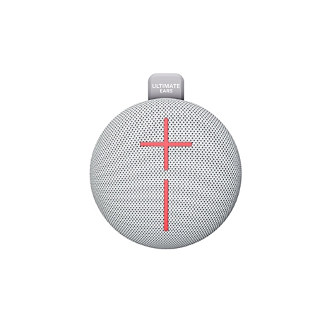 Haut-parleur bluetooth gris clair avec une croix rouge. Le haut indique "ULTIMATE EARS".