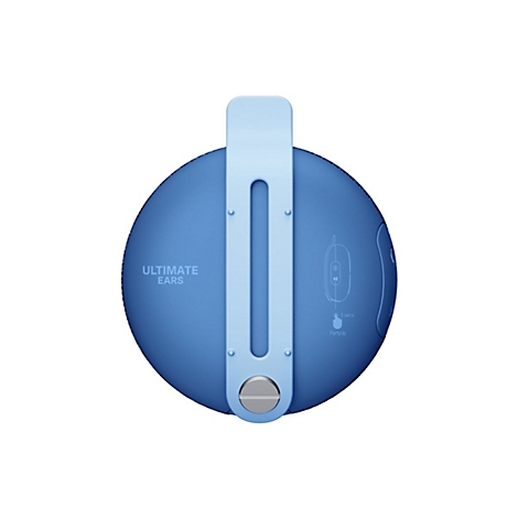 Haut-parleur bleu clair, vue de dessus. Avec une poignée bleu clair. Étiquetage : Ultimate Ears.