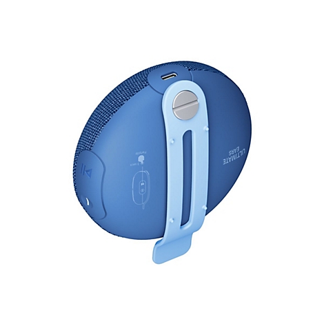 Haut-parleur bleu et blanc de forme arrondie, avec clip, commandes latérales et logo.