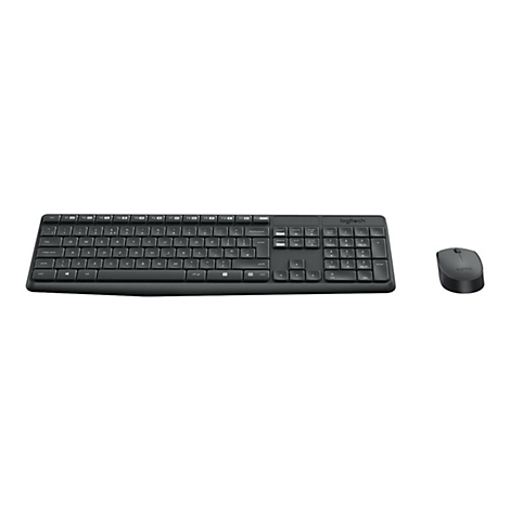 Drahtlose, schwarze Logitech-Tastatur und -Maus. Die Tastatur hat Tasten mit weißen Buchstaben. Das Set ist auf weißem Hintergrund.