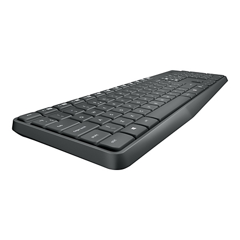 Dunkelgraue Tastatur, leicht von oben fotografiert. Tasten mit weißen Buchstaben und Symbolen.